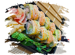 California: Dragon Roll z łososiem w tempurze pod krewetką i awokado 